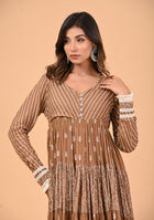 Brown Anarkali with Khadi Print and Dupatta