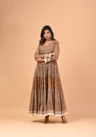 Brown Anarkali with Khadi Print and Dupatta