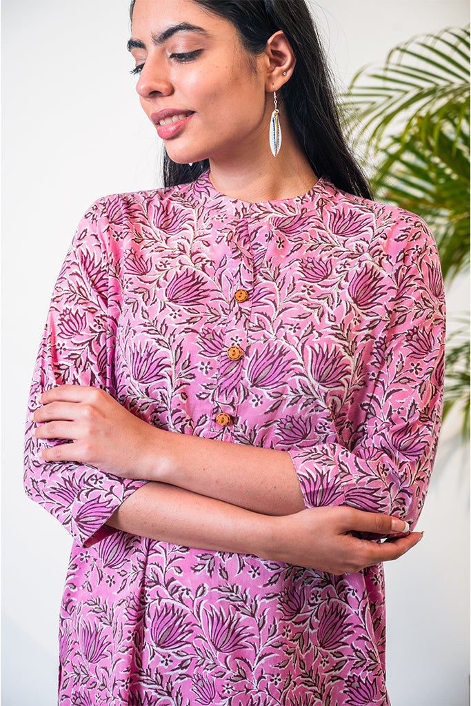 Hand-Block Printed Deep Pink Kurta and Pant Set