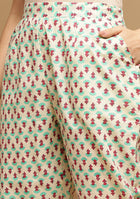 White And Seagreen Floral Anarkali Kurta Pant Set With Dupatta