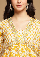 White And Yellow Floral Anarkali Kurta Pant Set With Dupatta