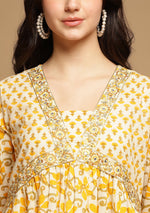 White And Yellow Floral Anarkali Kurta Pant Set With Dupatta