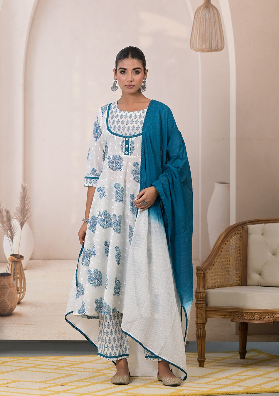 Blue Blossom Cotton Anarkali Suit