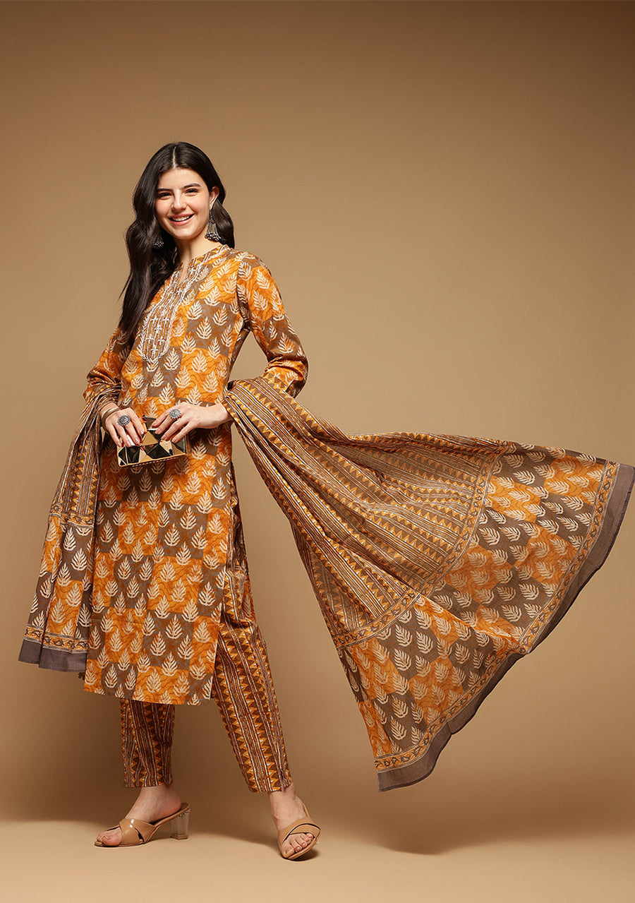 Brown and Mustard Suit Set with Dupatta