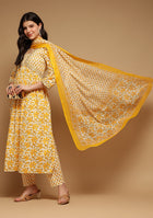 White And Yellow Floral Anarkali Kurta Pant Set With Dupatta