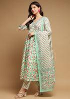 White And Seagreen Floral Anarkali Kurta Pant Set With Dupatta