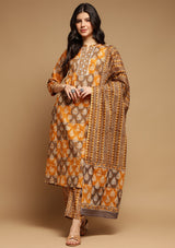 Brown and Mustard Suit Set with Dupatta